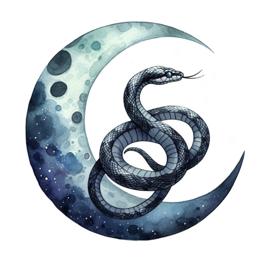 navy blue, teal, dark blue, celestial, snake, serpent, moon phase, cosmic, mystical, magical, whimsical, elegant, watercolor, night sky, stars, crescent moon, nature, animals, reptile, bohemian, dark academia, moody, enchanted, fantasy, illustration art, ethereal, dreamy, wall art, decorative panel