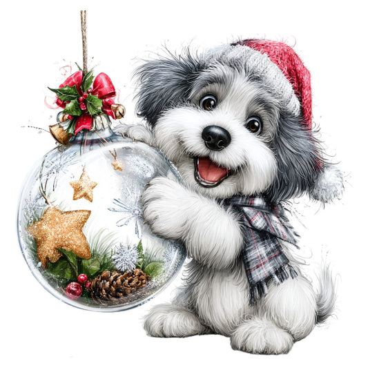 adorable puppy, christmas, holiday, festive, dog, white dog, gray and white, red santa hat, plaid scarf, tartan, snow globe, golden stars, pinecones, red berries, holly, whimsical, cute, cheerful, joyful, winter, seasonal, pet themed, animal, children's, baby, novelty, decorative, magical, playful