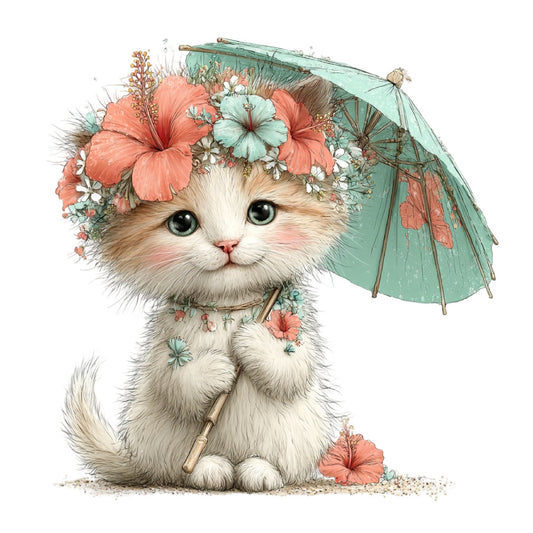 cat, kitten, fluffy cat, white cat, coral pink, mint green, sage green, peachy pink, floral, flowers, hibiscus, daisy, whimsical, cute animals, adorable, spring, summer, fantasy, illustration, botanical, nature, umbrella, parasol, decorative panel, children's fabric, nursery, baby, girl, feminine, delicate