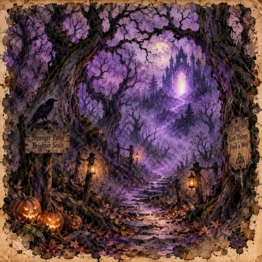 purple, lavender, deep purple, violet, dark purple, black, gold, orange, eerie, mystical, gothic, halloween, spooky, magical, fantasy, enchanted forest, trees, graveyard, castle, pumpkins, jack-o-lanterns, crows, ravens, lanterns, autumn, fall, dark whimsical, vintage, moody, mysterious