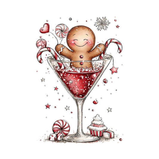 gingerbread character, martini glass, candy canes, red liquid, peppermint candies, snowflakes, cupcake, christmas themed, whimsical illustration, brown tan beige, red white stripes, sparkling bubbles, holiday sweets, festive cocktail, cute kawaii style, fabric panel, quilting cotton, seasonal design, winter celebration, cheerful mood