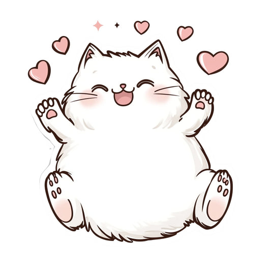 cute cat, white cat, pink hearts, heart motifs, cat illustration, kawaii, whimsical, playful, animal theme, feline, happy cat, smiling cat, love theme, romantic, pastel pink, blush pink, brown outline, children's, kids, baby, nursery, cute animals, cheerful, adorable, sparkles, stars, modern cute, illustration style, pet lovers