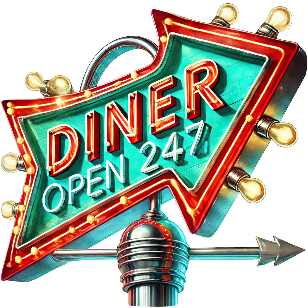 retro neon sign, vintage diner, 1950s, neon lights, turquoise, red, gold, chrome, arrow, mid-century modern, retro style, nostalgic, kitsch, americana, diner decor, open 24/7, illuminated sign, metallic accents, brass fixtures, whimsical, kitschy fun, roadside americana, vintage signage, retro kitchen, 50s diner aesthetic, bulb lights, neon glow, art deco inspired, chrome and metal, collectible fabric