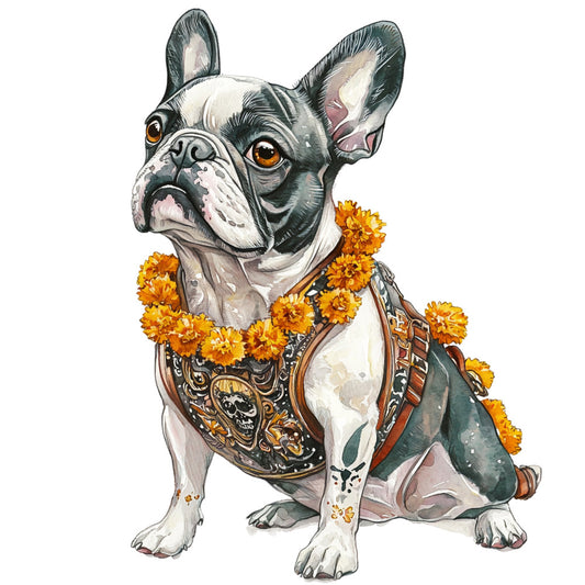 french bulldog, dog portrait, black and white dog, amber eyes, floral wreath, marigold flowers, golden yellow flowers, ornate armor, decorative saddle, embroidered details, whimsical animals, novelty print, pet lover, dog lover, regal style, vintage inspired, elegant whimsy, cream white, forest green, burnt orange, brown, animal theme, nature inspired, decorative flowers, anthropomorphic, quirky style, humorous, statement print, unique design, conversation starter