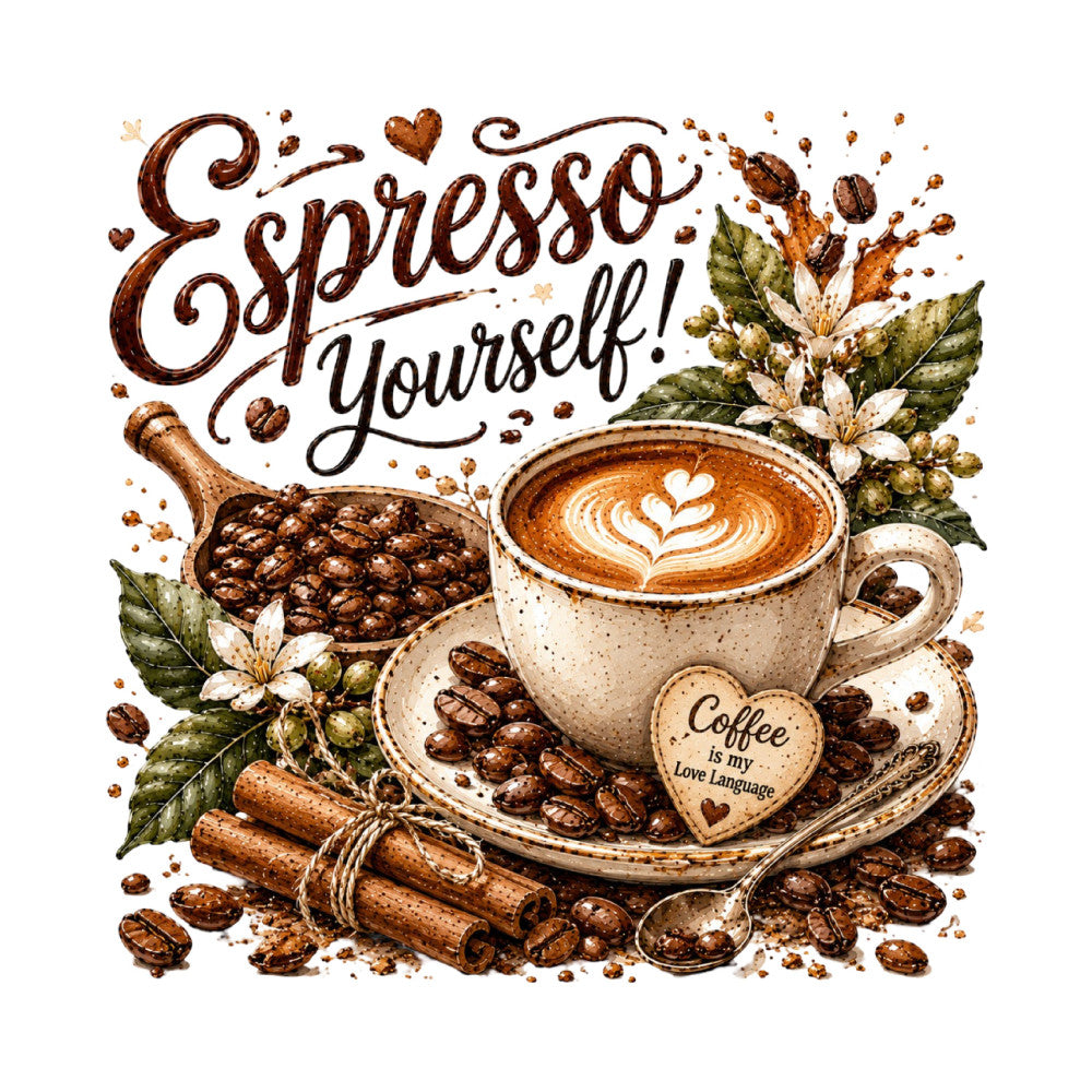 espresso yourself, coffee themed, coffee beans, latte art, brown, cream, tan, beige, sage green, white, botanical, floral, hearts, cinnamon sticks, coffee flowers, kitchen, café, coffee lover, rustic, vintage, elegant, warm tones, coffee and flowers, inspirational quote, decorative panel, home décor, farmhouse style, cozy, beverage themed, natural elements