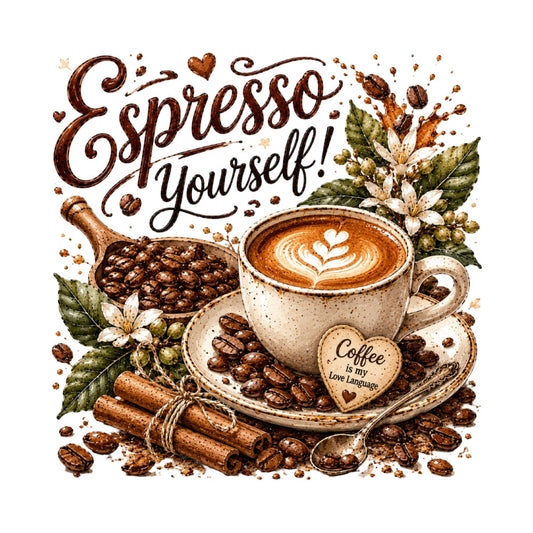 espresso yourself, coffee themed, coffee beans, latte art, brown, cream, tan, beige, sage green, white, botanical, floral, hearts, cinnamon sticks, coffee flowers, kitchen, café, coffee lover, rustic, vintage, elegant, warm tones, coffee and flowers, inspirational quote, decorative panel, home décor, farmhouse style, cozy, beverage themed, natural elements