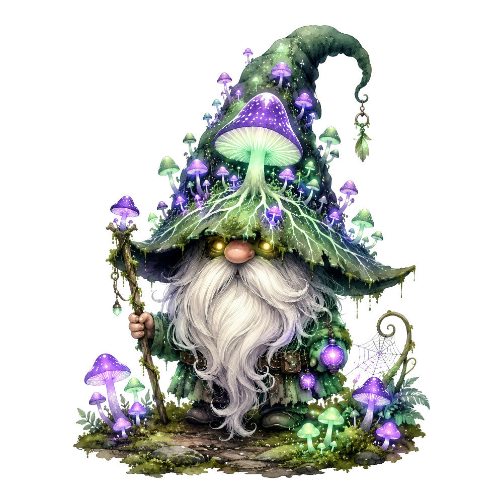forest green, purple, white, sage green, gold, magical, whimsical, fantasy, gnome, mushroom, enchanted, nature, woodland, mystical, celestial, glowing orbs, luminescent, fairy tale, cottage core, bohemian, spell book, magical forest, ethereal, moss, moss-covered, star motifs, glowing lights, fantasy character, garden gnome, toadstool