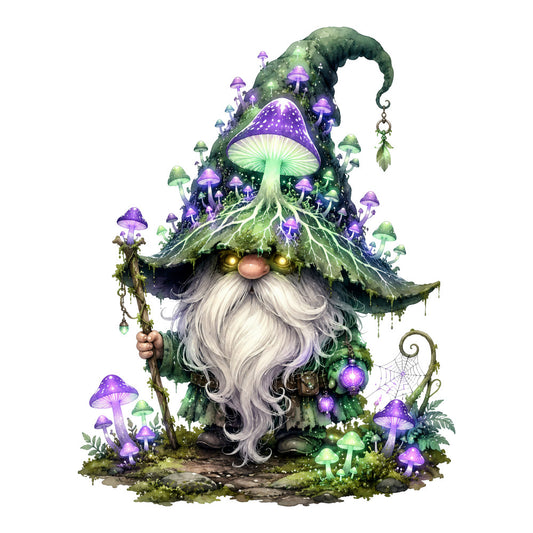 forest green, purple, white, sage green, gold, magical, whimsical, fantasy, gnome, mushroom, enchanted, nature, woodland, mystical, celestial, glowing orbs, luminescent, fairy tale, cottage core, bohemian, spell book, magical forest, ethereal, moss, moss-covered, star motifs, glowing lights, fantasy character, garden gnome, toadstool