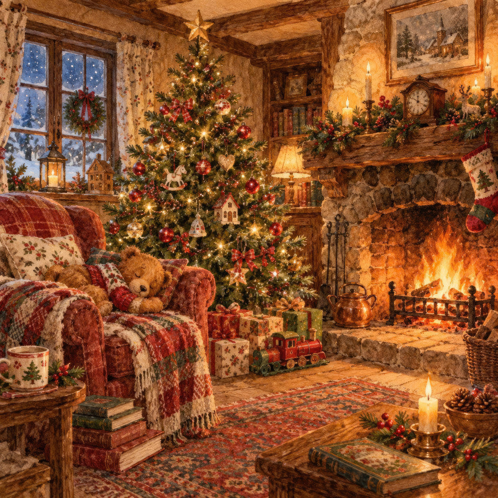 christmas, holiday, winter, cozy, fireplace, teddy bear, nostalgic, vintage, traditional, rustic, warm, gold, cream, red, burgundy, forest green, woodland, cottage core, nostalgic christmas, festive, candles, wrapped gifts, train set, wall hanging, home decor, seasonal, classic christmas, warm tones, storybook, whimsical