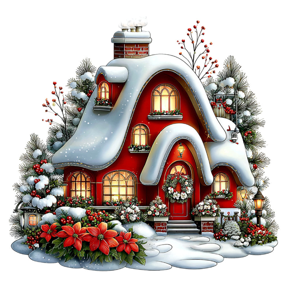 christmas, holiday, winter, snow, red house, festive, poinsettia, red flowers, white flowers, snowy roof, cottage core, traditional, whimsical, warm, cozy, chimney, wreath, decorative, seasonal, evergreen, berries, red and white, cream, warm red, festive decor, winter scene, storybook, charming, nostalgic, greeting card style