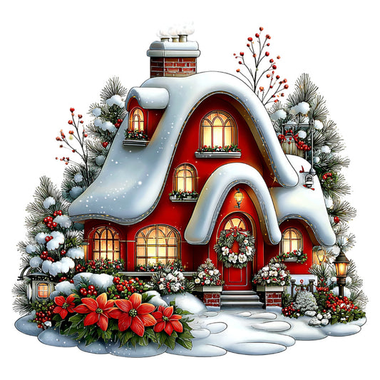 christmas, holiday, winter, snow, red house, festive, poinsettia, red flowers, white flowers, snowy roof, cottage core, traditional, whimsical, warm, cozy, chimney, wreath, decorative, seasonal, evergreen, berries, red and white, cream, warm red, festive decor, winter scene, storybook, charming, nostalgic, greeting card style