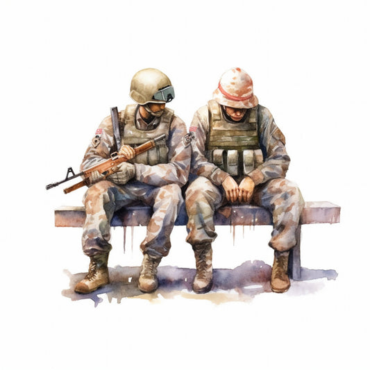 military, soldiers, armed forces, camouflage, desert tan, khaki, olive green, brown, gray, beige, patriotic, tribute, memorial, heroic, uniform, combat, army, realistic illustration, watercolor style, masculine, veteran, courage, duty, sacrifice, serious, historical, figurative, people, sitting, rest