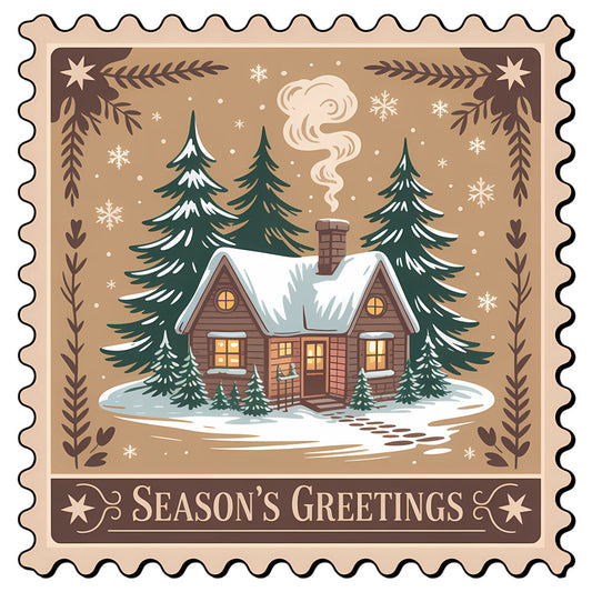Vintage Christmas Stamps Fabric Panel 2 features a cozy snow-covered cabin with pine trees and Season’s Greetings text.