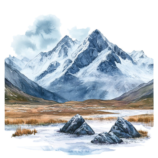 winter landscape, snow-capped mountains, fabric panel, watercolor style, blue tones, white snow, golden grass, rocky terrain, scottish highlands, mountain peaks, frozen ground, winter scene, nature artwork, quilting fabric, cool colors, serene mood, alpine scenery, textile print, outdoor wilderness, peaceful atmosphere