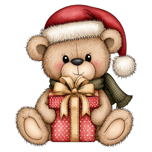 teddy bear, christmas, santa hat, holiday, red polka dot, cream white, tan brown, forest green, plaid scarf, gift box, bow ribbon, whimsical, cute, children, baby, festive, seasonal, winter, stuffed animal, nursery, classic, vintage, traditional, sweet, charming, decorative, sitting pose, wrapped present, cozy