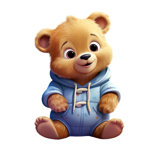 teddy bear, golden brown, blue hoodie, pajamas, cute animal, cartoon style, children's fabric, nursery theme, soft pastel, fabric panel, quilting cotton, sleepwear design, baby bear, adorable character, light blue, warm tones, kid's room, playful illustration, cotton panel, whimsical design