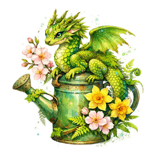 lime green, chartreuse, sage green, yellow, soft pink, blush pink, garden, nature, dragon, fantasy, whimsical, flowers, floral, daffodils, watering can, ferns, botanical, spring, magical creatures, fairy tale, enchanted, cottage core, vintage garden, peaceful, delicate, dreamy, nature lover, garden themed, yellow flowers, pink flowers