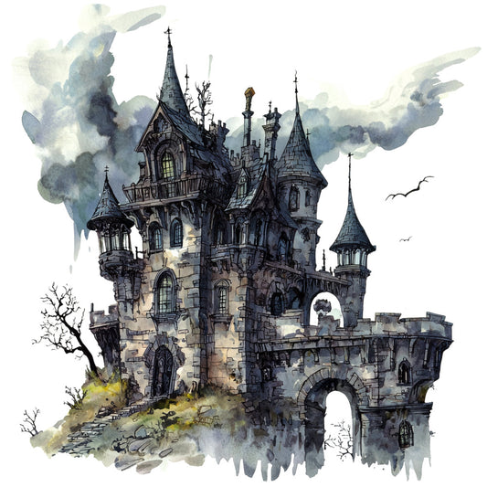 gothic castle, fantasy architecture, dark academia, whimsical fantasy, enchanted castle, medieval castle, spooky aesthetic, moody sky, charcoal gray, slate blue, cream, sepia tone, watercolor illustration, storybook art, fairy tale, castle motif, turrets and towers, crosses, dark atmospheric, mysterious, elegant gothic, vintage illustration, magical, dreamy, supernatural, dark fantasy, haunted manor, architectural detail, cloudy sky, birds