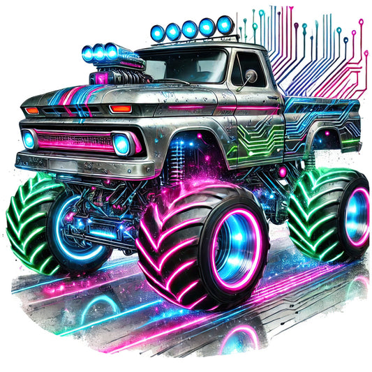 neon pink, cyan blue, electric green, magenta, hot pink, neon lights, glow in the dark, retro truck, vintage pickup, monster truck, cyberpunk, futuristic, tech, digital art, neon glow, circuit board, tech inspired, modern, abstract geometric, automotive, vehicle, chrome, metallic, glowing wheels, light trails, contemporary, edgy, bold colors, sci-fi
