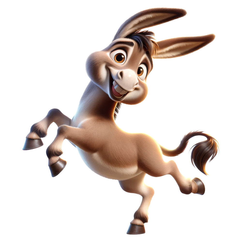 cartoon donkey, tan brown, cream, animated animals, cheerful, whimsical, children's, playful, cute, friendly character, kids fabric, baby quilt, nursery, fun animals, smiling donkey, expressive face, lighthearted, family friendly, storybook, animated character, beige, warm tones, joyful, animated style, character fabric, child-themed, entertainment, picture panel, wall hanging, decorative