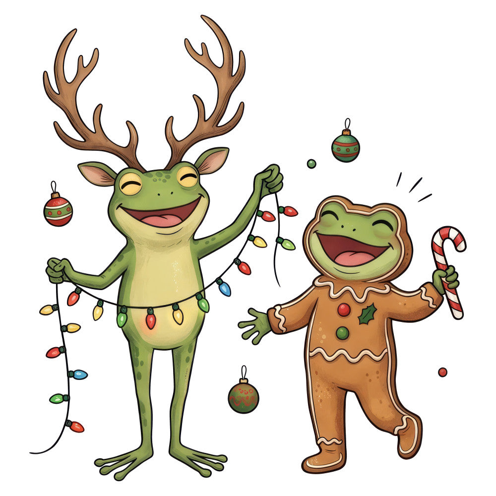 christmas, holiday, festive, whimsical, playful, frog, gingerbread man, reindeer, green, brown, red, gold, colorful, fun, cheerful, children's, kids, lighthearted, seasonal, winter, decorations, ornaments, candy cane, lights, gingerbread cookie, animal characters, cartoon style, joyful, celebration, nursery