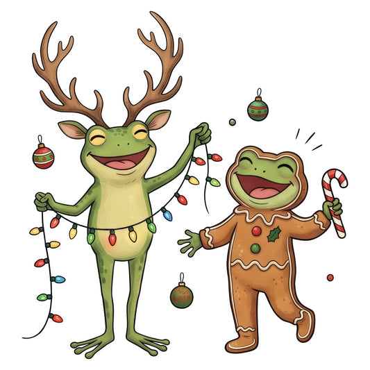 christmas, holiday, festive, whimsical, playful, frog, gingerbread man, reindeer, green, brown, red, gold, colorful, fun, cheerful, children's, kids, lighthearted, seasonal, winter, decorations, ornaments, candy cane, lights, gingerbread cookie, animal characters, cartoon style, joyful, celebration, nursery