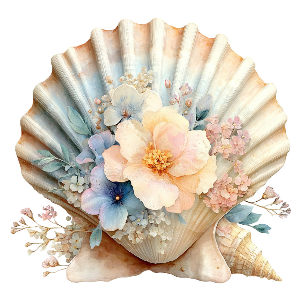 seashell, floral, coral pink, cream, soft blue, dusty rose, pastel, peach, lavender, watercolor, botanical, nature, coastal, beach, shell, flowers, delicate, elegant, romantic, vintage, spring, summer, soft colors, blush, sage green, ivory, feminine, dreamy, whimsical, wall hanging