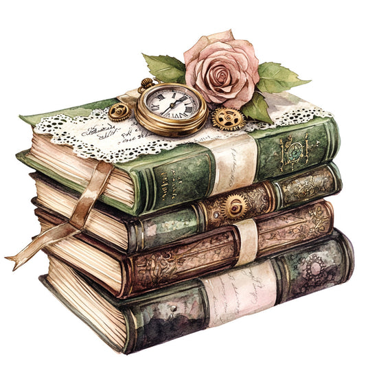 vintage books, steampunk, rose, dusty rose, forest green, sage green, brass gold, clock, gears, lace, antique, literary, romantic, elegant, whimsical, botanical, classic literature, old world, nostalgic, victorian, timeless, floral, nature, retro, library theme, book lover, steampunk aesthetic, traditional, ornate, decorative