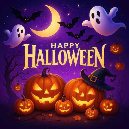 happy halloween, halloween, pumpkin, jack-o-lantern, ghost, bat, moon, purple, golden yellow, orange, black, spooky, festive, whimsical, autumn, fall, halloween decor, witch hat, stars, nighttime, celestial, haunted, trick-or-treat, costume, seasonal, holiday fabric, decorative panel, dark purple, jack-o-lanterns