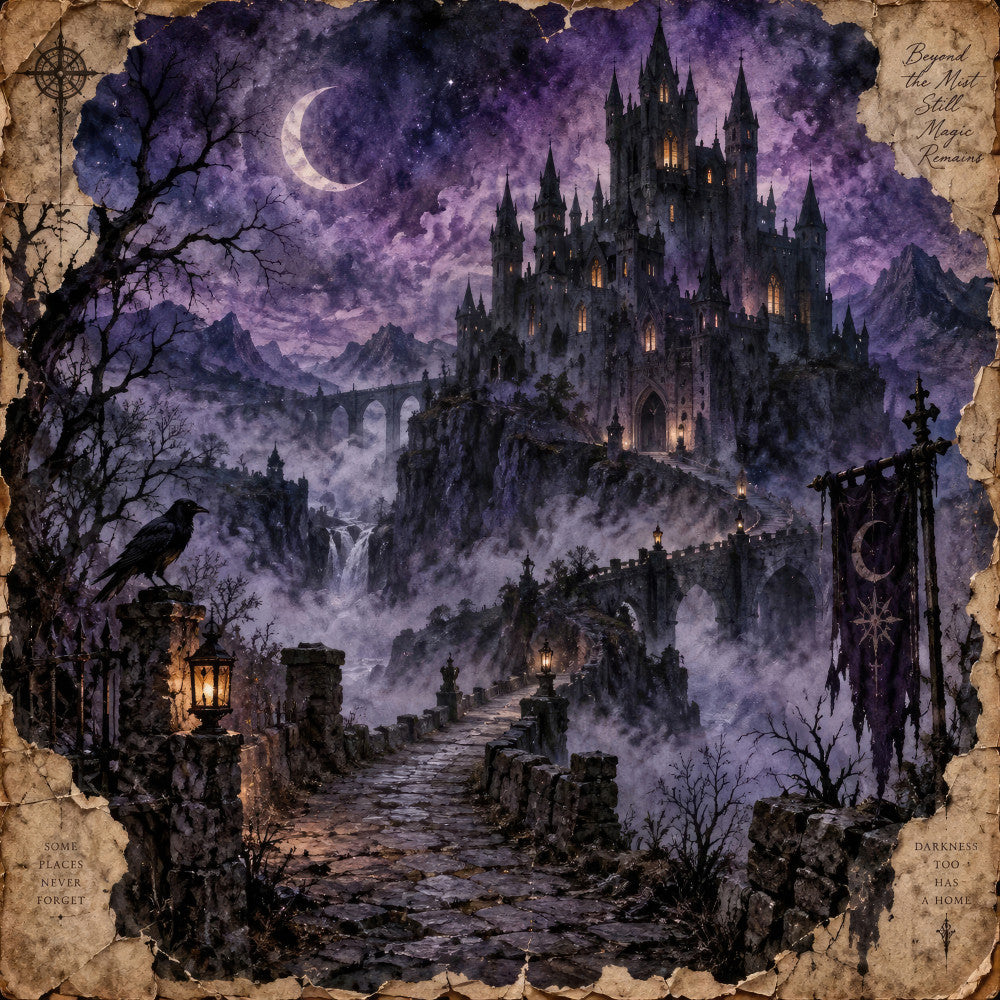dark purple, deep purple, midnight blue, navy blue, gold, amber, crescent moon, castle, gothic, fantasy, dark fantasy, magical, mystical, haunted, spooky, halloween, witchy, dark academia, medieval, architecture, towers, moonlit, nighttime, eerie, mysterious, atmospheric, vintage, ornate, dramatic, moody