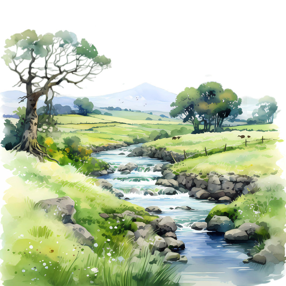 landscape, pastoral, countryside, rolling hills, stream, river, meadow, wildflowers, sage green, olive green, forest green, light green, cream, pale yellow, soft blue, mountain, trees, nature, scenic, rural, farmland, peaceful, tranquil, spring, summer, traditional, whimsical, rustic, english countryside, grazing cattle