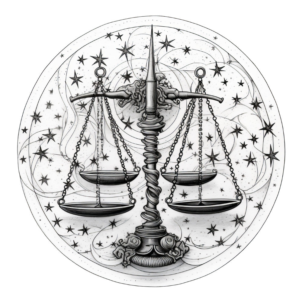 black and white, monochrome, scales, libra, zodiac, astrology, celestial, stars, cosmic, vintage, elegant, ornate, mystical, justice, balanced, symmetrical, decorative, engraving, line art, detailed, intricate, bohemian, alternative, occult, tarot, spiritual, wall art, home decor