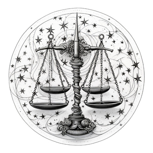 black and white, monochrome, scales, libra, zodiac, astrology, celestial, stars, cosmic, vintage, elegant, ornate, mystical, justice, balanced, symmetrical, decorative, engraving, line art, detailed, intricate, bohemian, alternative, occult, tarot, spiritual, wall art, home decor