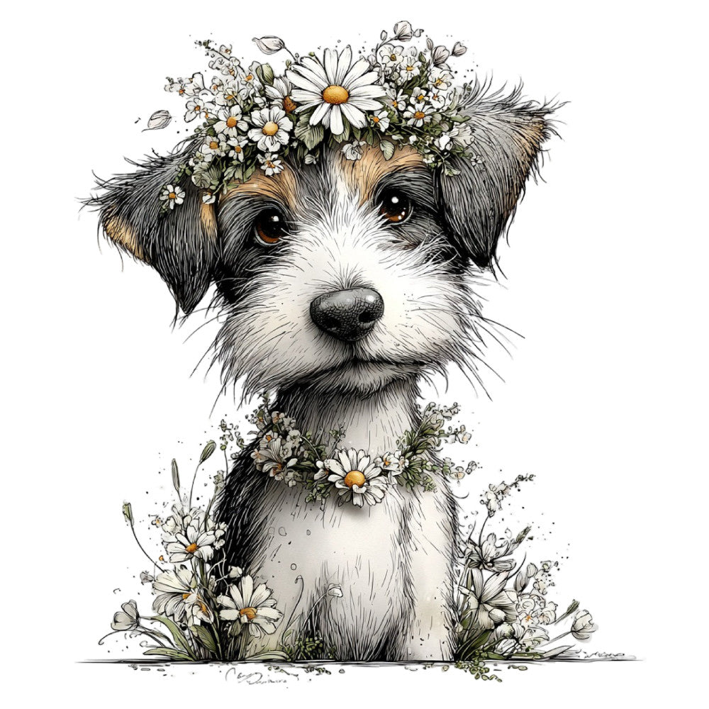 dog, puppy, cute animals, portrait, black and white, cream, tan, brown, floral, daisies, flowers, botanical, nature, whimsical, charming, gentle, spring, summer, animal lover, pet themed, daisy crown, flower crown, illustration, artistic, sweet, adorable, girl, children, baby, nursery