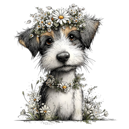 dog, puppy, cute animals, portrait, black and white, cream, tan, brown, floral, daisies, flowers, botanical, nature, whimsical, charming, gentle, spring, summer, animal lover, pet themed, daisy crown, flower crown, illustration, artistic, sweet, adorable, girl, children, baby, nursery