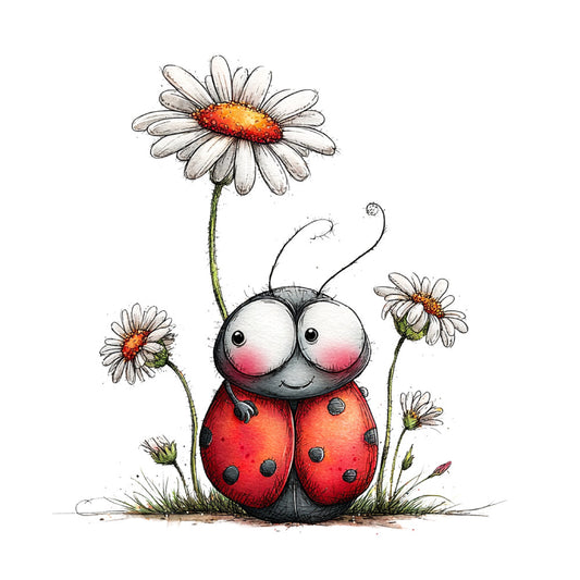 ladybug, whimsical, nature, floral, insects, red, orange, white, cream, black, spring, summer, garden, daisy, botanical, cute, playful, children's, baby, charming, illustrated, watercolor, delicate, pastoral, countryside, cheerful, innocent, kid-friendly, animal themed, folk art