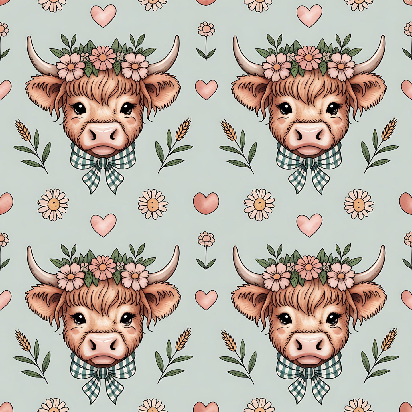 Highland Cow Heads Pattern 10 Quilting Cotton Fabric
