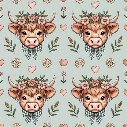 Highland Cow Heads Pattern 10 Quilting Cotton Fabric