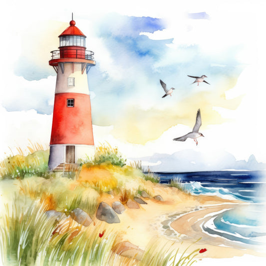 lighthouse, coastal, nautical, beach scene, seaside, red and white striped, cream, sand beige, ocean blue, sky blue, birds in flight, seagulls, coastal birds, sandy shore, beach grass, dunes, waves, maritime, summer, seaside cottage, whimsical, watercolor style, hand-painted, scenic, nature landscape, coastal living, beach house, traditional, serene, tranquil