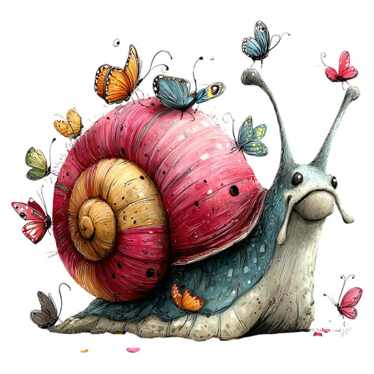 whimsical snail, butterfly, nature, garden, pink, coral pink, dusty rose, golden yellow, teal blue, charcoal gray, cream, colorful, illustrated, fantasy, children's, storybook, artistic, decorative, spring, summer, nursery, whimsy, creature, insects, floral accents, playful, soft colors, watercolor style, magical, woodland