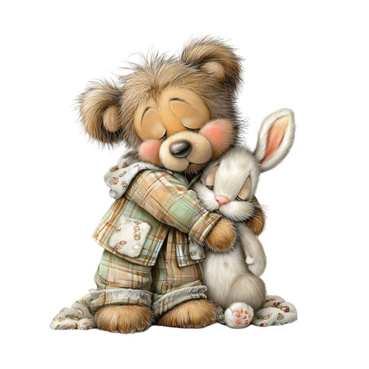 teddy bear, rabbit, animals, plaid, tan, cream, beige, sage green, soft brown, whimsical, cute, children, baby, nursery, friendship, hugging, adorable, gentle, pastel, soft colors, character, illustration, storybook, sweet, tender, comfort, cozy, playtime, children's decor, panel design