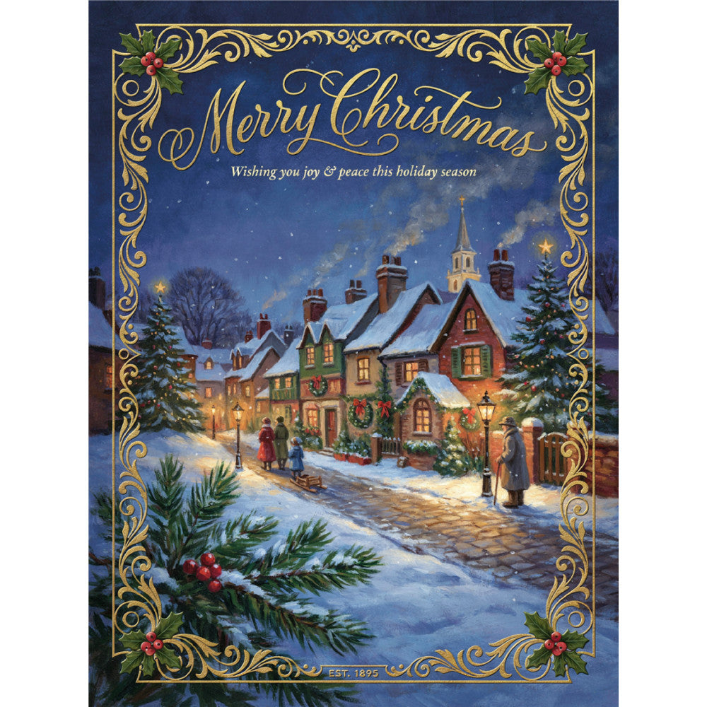 navy blue, gold, cream, forest green, deep red, burgundy, winter village, christmas, holiday, victorian, nostalgic, vintage, traditional, elegant, snowy landscape, church, cottages, street lamps, evergreen trees, holly berries, festive, peaceful, ornate border, decorative frame, starry night, chimney smoke, winter scene, seasonal, retro, classic christmas