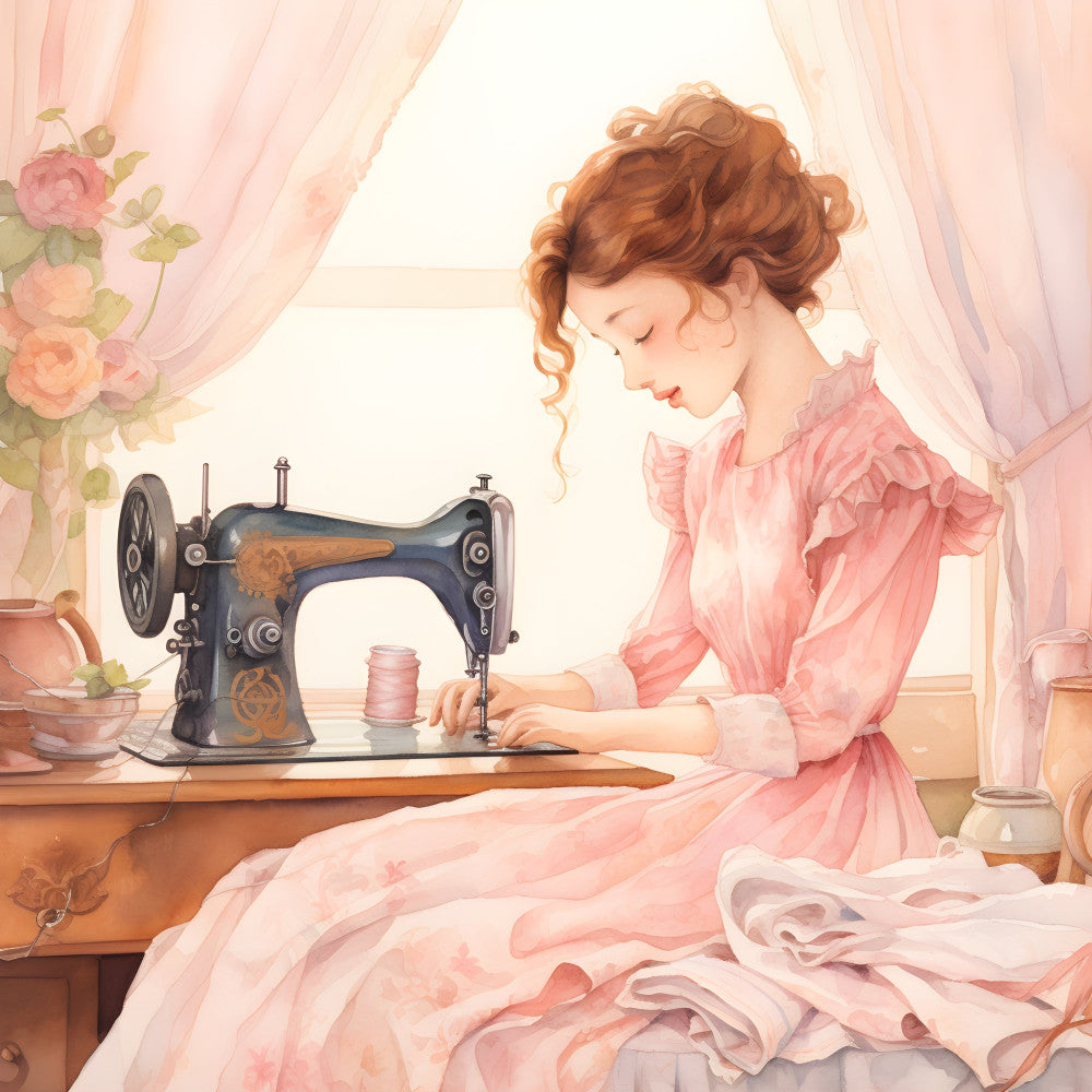 rose pink, blush pink, copper, bronze, cream, vintage, romantic, nostalgic, sewing, seamstress, woman, feminine, elegant, traditional, retro, 1800s, cottage core, floral, roses, sewing machine, antique, skilled crafts, domestic life, timeless, classic style, delicate, graceful, victorian inspired, heirloom, sewing room