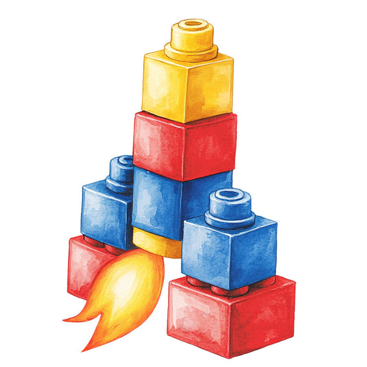 building blocks, lego bricks, toy blocks, primary colors, red blocks, blue blocks, yellow blocks, orange flame, children's toys, playful design, geometric shapes, stacked blocks, bright colors, kids fabric, nursery theme, watercolor style, fabric panel, quilting cotton, 童趣图案, construction toys