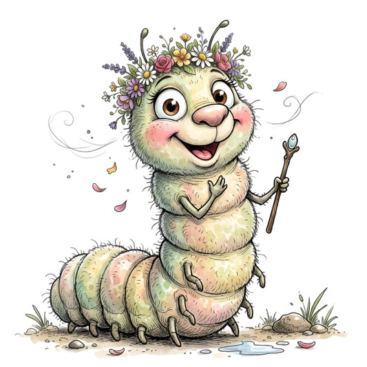 whimsical, caterpillar, floral crown, pastel colors, soft green, dusty rose, pale yellow, lavender purple, cute animals, nature-inspired, spring, garden themed, flowers, daisies, roses, charming illustration, children's fabric, playful, whimsy, garden creatures, insects, botanical, colorful, sweet, cheerful, storybook, fantasy creatures, decorative panel, nursery decor, baby quilt