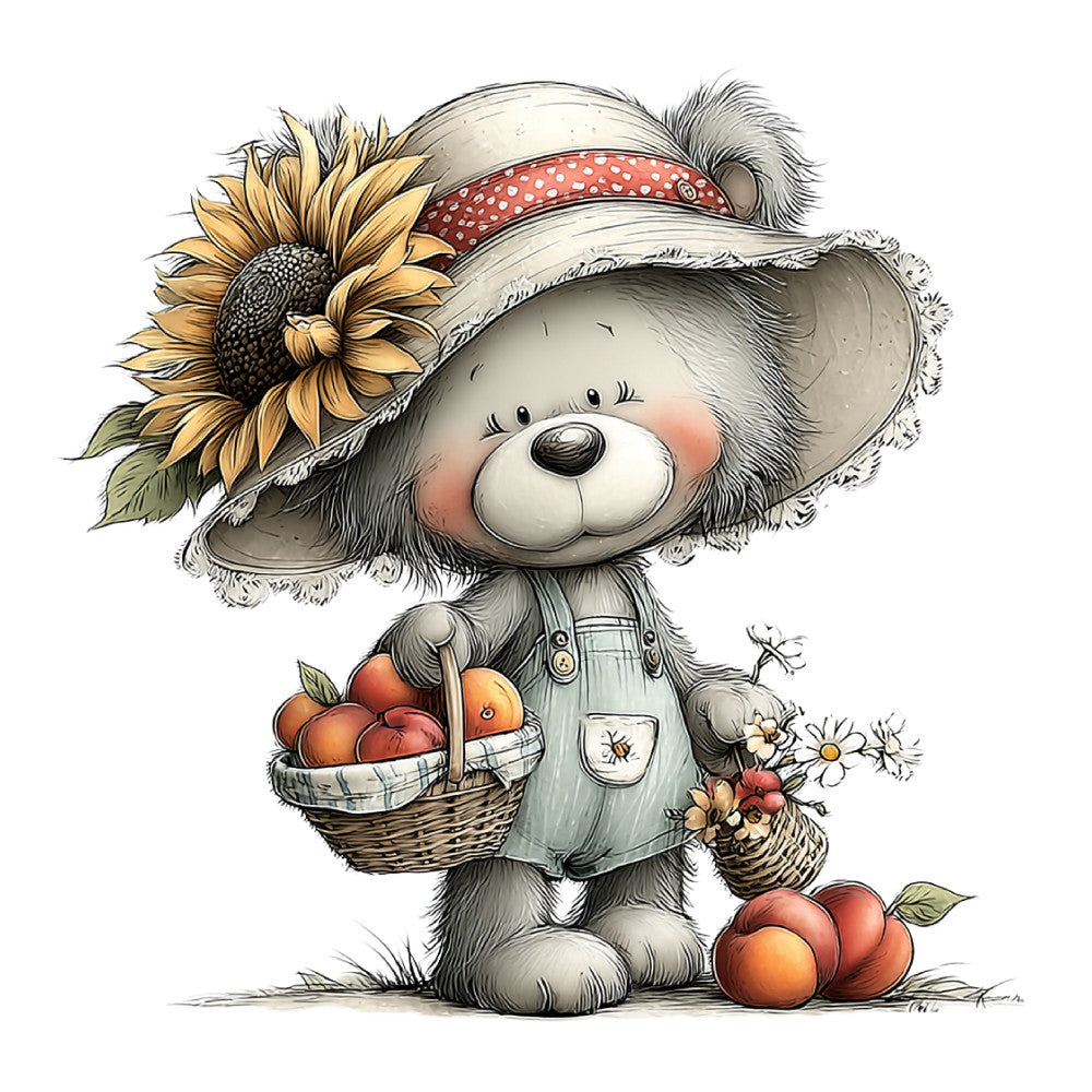 teddy bear, sunflower, cute animals, whimsical, children's, baby, cream, gray, grey, golden yellow, coral pink, red polka dots, farmhouse, vintage, pastoral, flowers, daisies, fruit basket, apples, overalls, straw hat, spring, summer, nature, gentle, sweet, countryside, classic, illustrated, character fabric