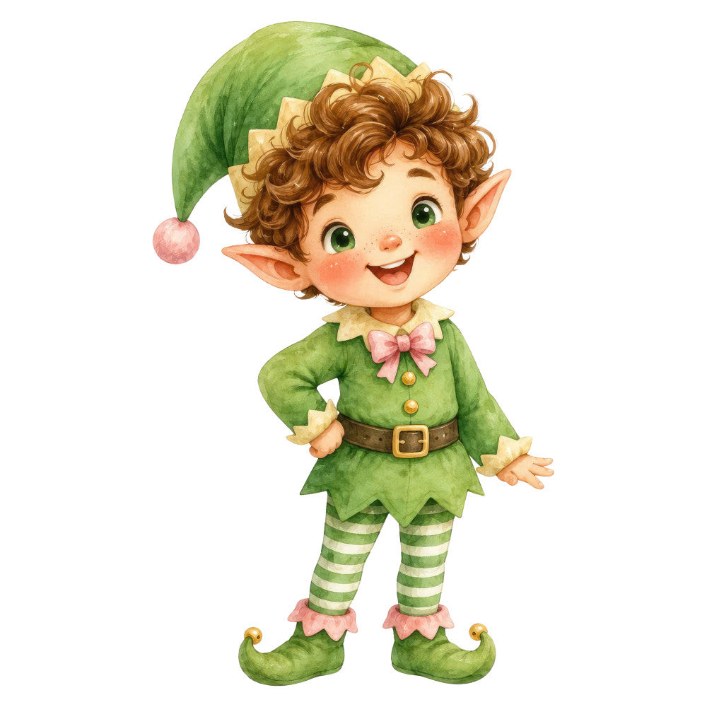 christmas, elf, holiday, whimsical, festive, green, red, pink, striped, vintage, cute, playful, children's, seasonal, winter, joy, cheerful, pointed shoes, curly hair, bow tie, belt buckle, pointed ears, sprite, gnome, jolly, retro, nostalgic