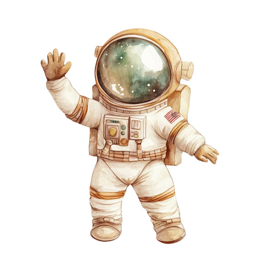 astronaut, space, cream, tan, beige, brown, gold, celestial, whimsical, children, kids, novelty, retro, vintage, mid-century modern, illustrated, waving, helmet, stars, planets, adventure, exploration, boy, nursery, baby, playroom, wall hanging, apparel, quirky, charming