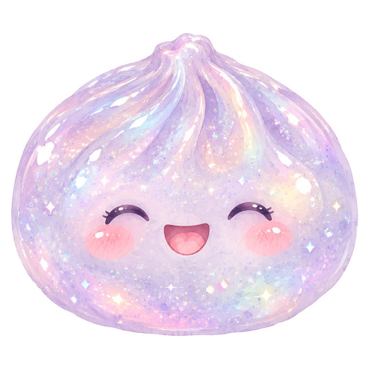 lavender, pastel purple, soft pink, blush pink, iridescent, sparkle, glitter, kawaii, cute face, smiling character, closed eyes, rosy cheeks, whimsical, magical, fantasy, celestial, dreamy, shimmer, pearlescent, gradient, ombre, pastel colors, children's, kids, playful, sweet, gentle, muted tones, soft colors, character design