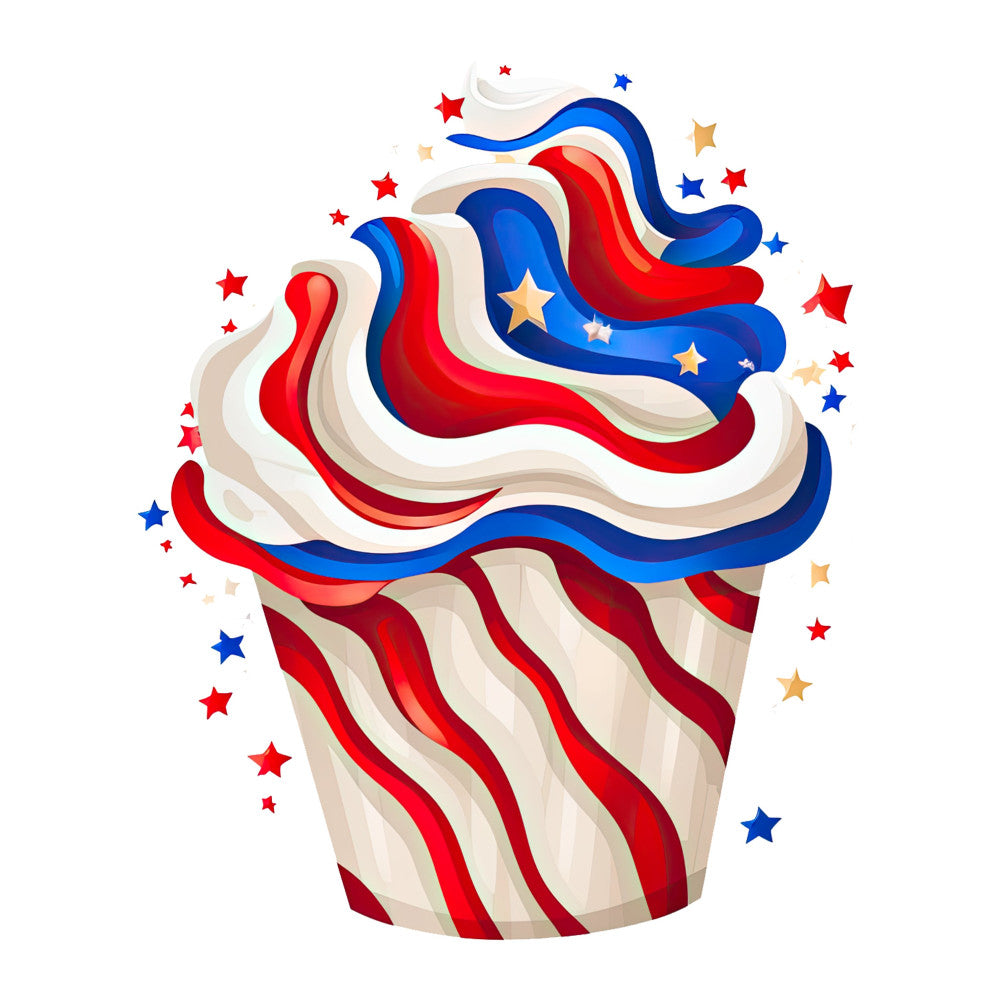 patriotic, red white blue, ice cream cone, fourth of july, memorial day, independence day, stars, striped, swirled, dessert, summer, festive, whimsical, playful, bright, bold colors, cream, navy blue, red, gold stars, fun, cheerful, sweet treat, americana, holiday, cone pattern, layered design, colorful, vibrant